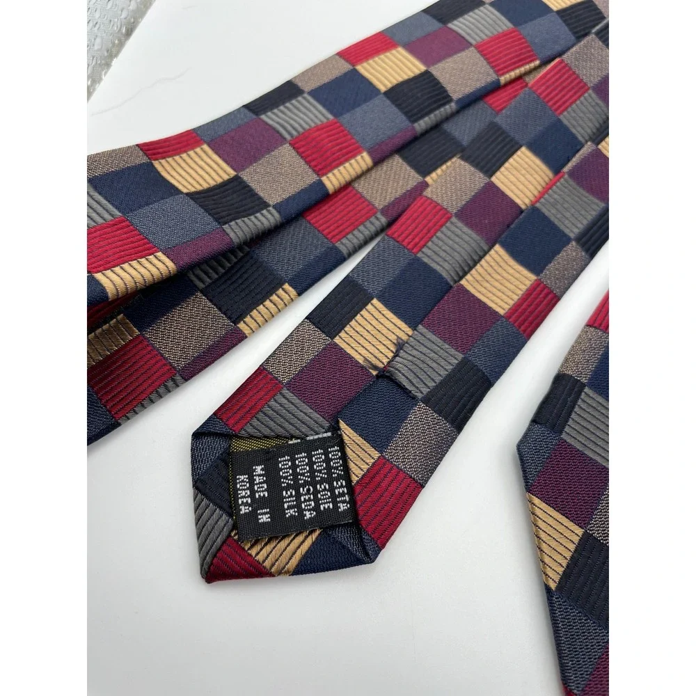 Roberto Villini Collezione Silk Tie Mens Navy Red Gold Checkered Geometric Woven